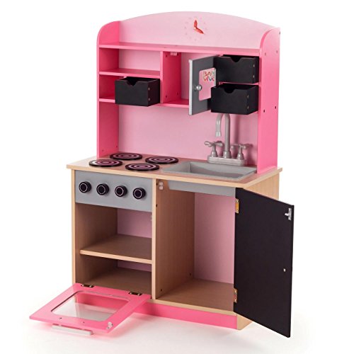 Baby Vivo Cocina de Juguete de Madera Rosa Microondas Niños Infantil Pizarra Horno y Estufa Lavabo - Mila en Rosa