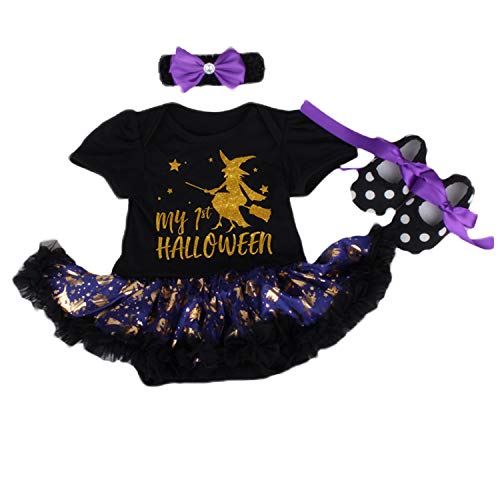 BabyPreg Mi Primer Traje de Halloween para niña Infantil Disfraz de Acción de Gracias Conjunto de Vestido de Calabaza para bebé (3-6 Meses, Bruja Negra)