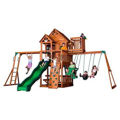 Backyard Discovery Parque Infantil Skyfort II | Zona Infantil para ninos de Madera XXL con Columpio, Tobogan, Muro de Escalada y Torre de observación | Area de Juegos para Jardin