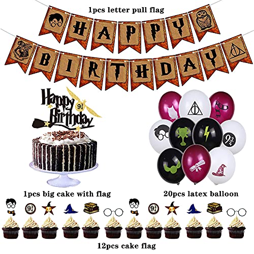 BAIBEI 34Pcs Artículos de Fiesta para Harry Potter, Suministros para la Fiesta de Harry Potter, Estandarte de cumpleaños, Harry Potter Inspired Cupcake Toppers, Globo de látex