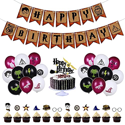 BAIBEI 34Pcs Artículos de Fiesta para Harry Potter, Suministros para la Fiesta de Harry Potter, Estandarte de cumpleaños, Harry Potter Inspired Cupcake Toppers, Globo de látex