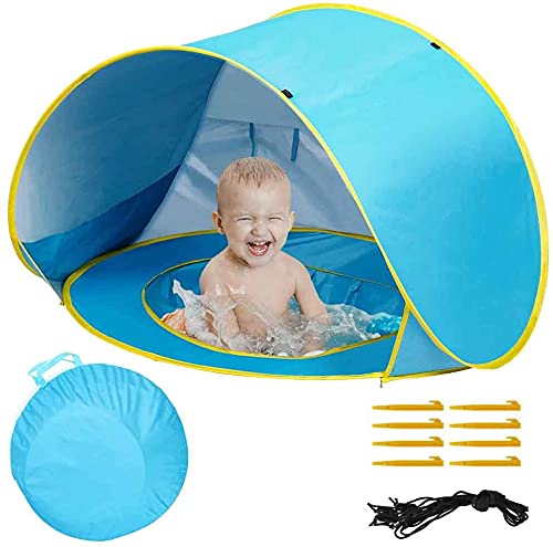 Bakaji Tienda de Juegos para niños de Playa con Techo Parasol Mini Piscina retráctil Red de ventilación Sistema Plegable Pop Up portátil fijación a piquetas Funda tamaño 120 x 80 x 70 cm