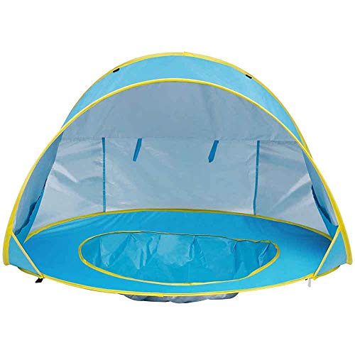 Bakaji Tienda de Juegos para niños de Playa con Techo Parasol Mini Piscina retráctil Red de ventilación Sistema Plegable Pop Up portátil fijación a piquetas Funda tamaño 120 x 80 x 70 cm