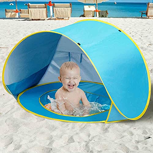 Bakaji Tienda de Juegos para niños de Playa con Techo Parasol Mini Piscina retráctil Red de ventilación Sistema Plegable Pop Up portátil fijación a piquetas Funda tamaño 120 x 80 x 70 cm