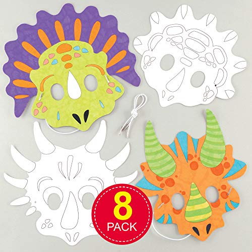 Baker Ross- Kits de caretas de dinosaurio para colorear (Pack de 8) - Manualidades infantiles de decorar caretas variadas de dinosaurios para llevar en fiestas o disfrazarse