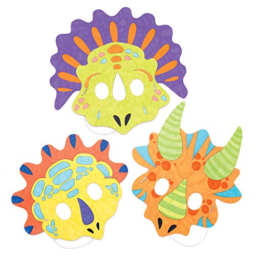 Baker Ross- Kits de caretas de dinosaurio para colorear (Pack de 8) - Manualidades infantiles de decorar caretas variadas de dinosaurios para llevar en fiestas o disfrazarse