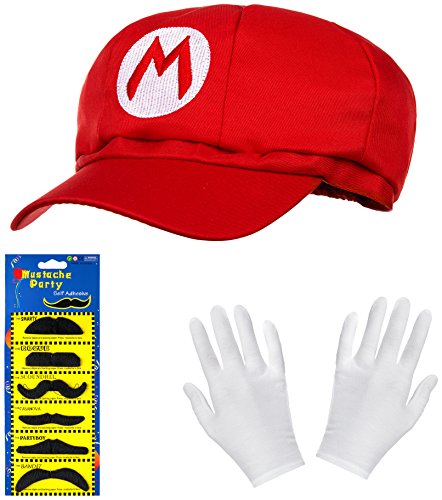 Balinco PAQUETE DOBLE de gorra de Super Mario + gorra de Luigi + guantes blancos y barbas adhesivas para mujeres, hombres y niños - Gorras de disfraces de carnaval