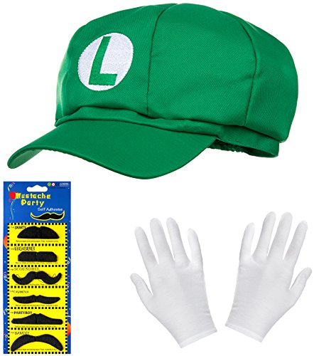 Balinco PAQUETE DOBLE de gorra de Super Mario + gorra de Luigi + guantes blancos y barbas adhesivas para mujeres, hombres y niños - Gorras de disfraces de carnaval