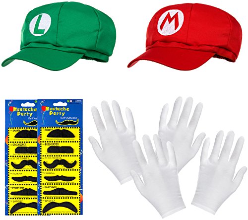 Balinco PAQUETE DOBLE de gorra de Super Mario + gorra de Luigi + guantes blancos y barbas adhesivas para mujeres, hombres y niños - Gorras de disfraces de carnaval