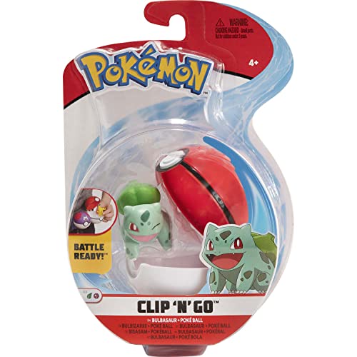 BANDAI Ball Clip 'N' Go – 1 Bola de Poké + 1 Figura de 5 cm Bulbizarre (Bulbasaur) – Accesorio para disfrazarse de Entrenamiento Pokémon (JW0146)