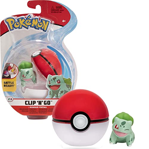 BANDAI Ball Clip 'N' Go – 1 Bola de Poké + 1 Figura de 5 cm Bulbizarre (Bulbasaur) – Accesorio para disfrazarse de Entrenamiento Pokémon (JW0146)