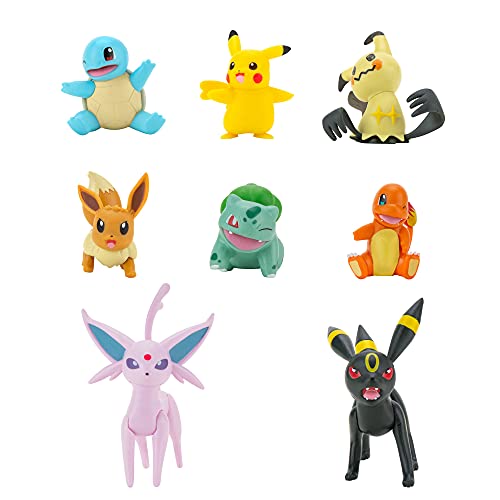 Bandai Pokémon-8 Figuras Battle-Pikachu, Salmenche (Charmander), Bulbizarre (Bulbasaur), Carapuce (Squirtle), Evoli (Eevee), Mimiqui (Mimikyu), Noctali (Umbreon) y Mentali (Espeón) -JW0184