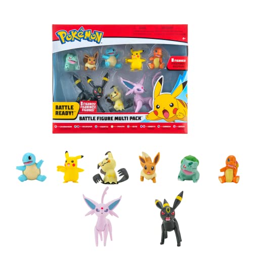 Bandai Pokémon-8 Figuras Battle-Pikachu, Salmenche (Charmander), Bulbizarre (Bulbasaur), Carapuce (Squirtle), Evoli (Eevee), Mimiqui (Mimikyu), Noctali (Umbreon) y Mentali (Espeón) -JW0184