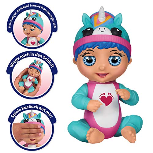 Bandai Tiny Toes 82788 - Mini muñeca interactiva de 14 cm - Luna Risa - Unicornio Azul - Habla en alemán