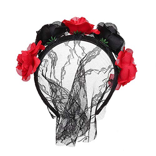 Bangle009 - Diadema para mujer, diseño de flores, color negro y rojo