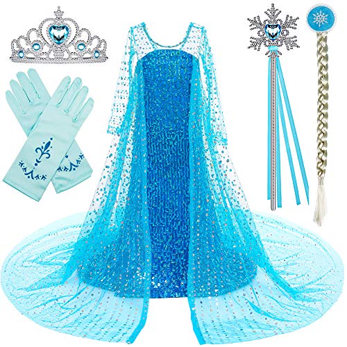 BanKids Elsa - Disfraz de niña para cosplay, Navidad, Halloween, fiesta, con capa, corona, varita mágica, 4-5 años (120 cm, E08)