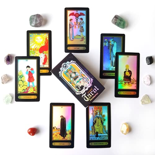 Baraja de Tarot Tradicional 78 Cartas Holográficas con Libro Guía y Bolsa de Tarot de Terciopelo, Herramienta de Adivinación con Efecto Arco Iris. (Totalmente en inglés) - Cekell