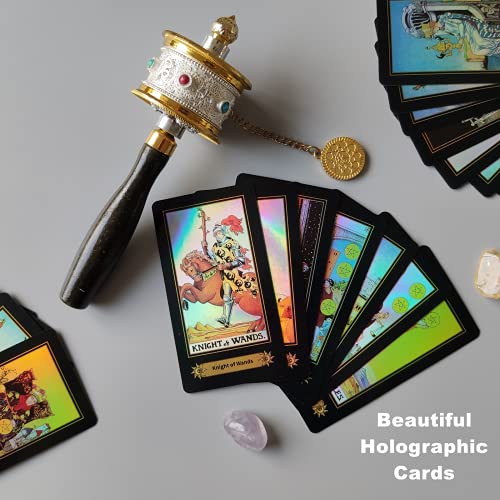 Baraja de Tarot Tradicional 78 Cartas Holográficas con Libro Guía y Bolsa de Tarot de Terciopelo, Herramienta de Adivinación con Efecto Arco Iris. (Totalmente en inglés) - Cekell