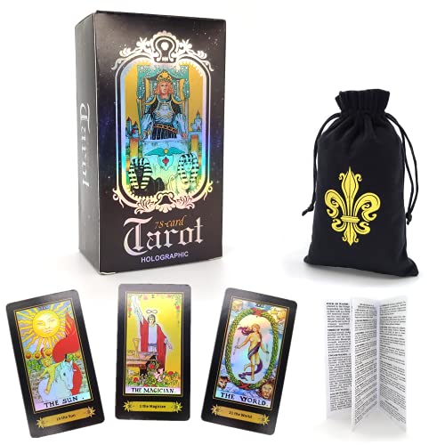 Baraja de Tarot Tradicional 78 Cartas Holográficas con Libro Guía y Bolsa de Tarot de Terciopelo, Herramienta de Adivinación con Efecto Arco Iris. (Totalmente en inglés) - Cekell