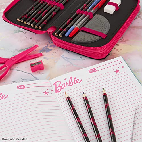 Barbie Estuche Escolar para Niña, Material Escolar con Boligrafos, Reglas Escolares Y Lapices De Colores.