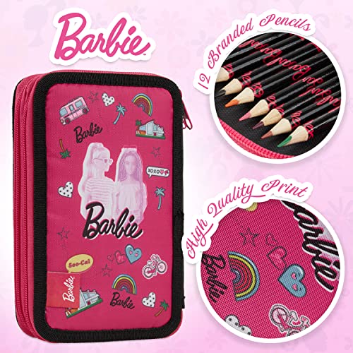 Barbie Estuche Escolar para Niña, Material Escolar con Boligrafos, Reglas Escolares Y Lapices De Colores.