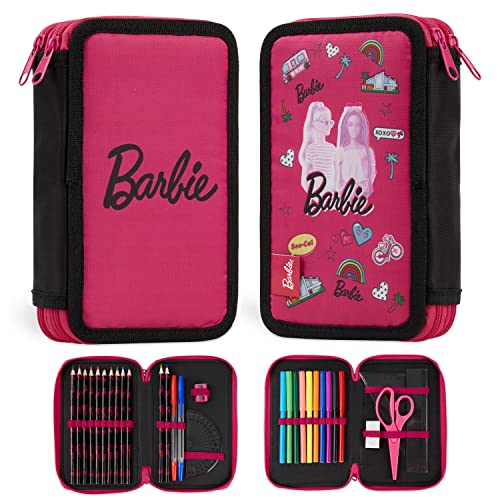 Barbie Estuche Escolar para Niña, Material Escolar con Boligrafos, Reglas Escolares Y Lapices De Colores.