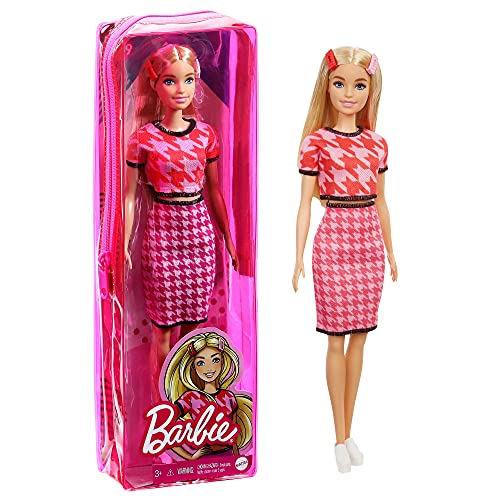 Barbie Fashionista Muñeca rubia con conjunto de falda y top pata de gallo y accesorios de moda de juguete (Mattel GRB59)