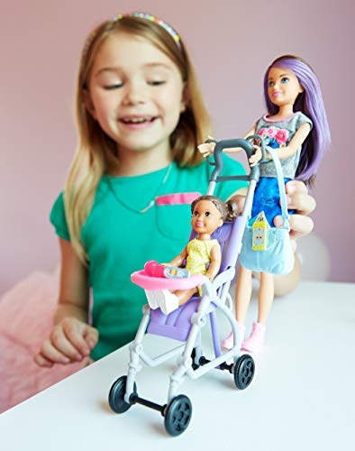 Barbie - Muñeca Skipper Hermana de Barbie, niñera de Paseo - (Mattel FJB00) + Vamos de Viaje, muñeco Ken con Accesorios, Regalo para niñas y niños 3-9 años (Mattel FWV15) , Color/Modelo Surtido