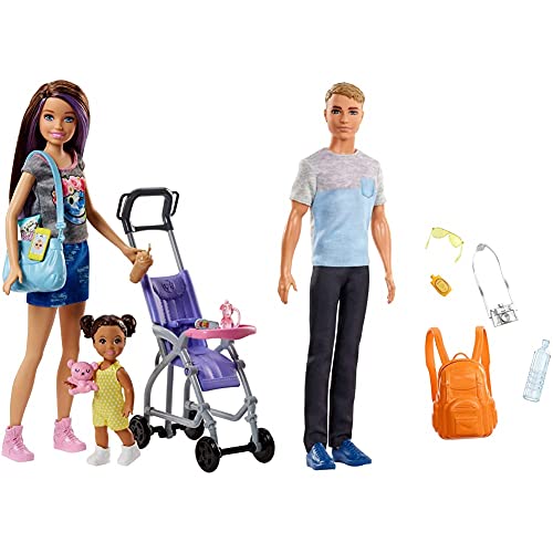 Barbie - Muñeca Skipper Hermana de Barbie, niñera de Paseo - (Mattel FJB00) + Vamos de Viaje, muñeco Ken con Accesorios, Regalo para niñas y niños 3-9 años (Mattel FWV15) , Color/Modelo Surtido