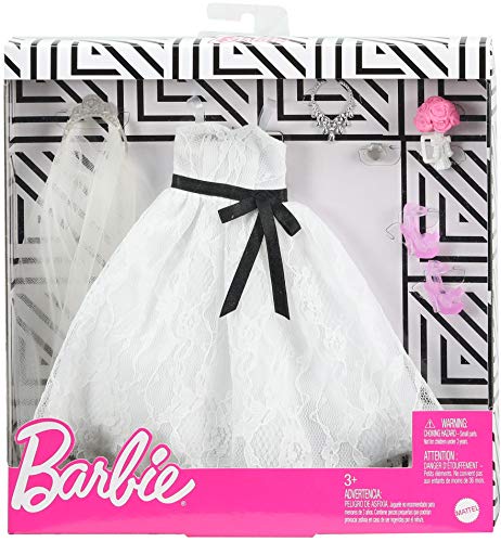 Barbie Paquete de moda: muñeca de traje de novia con vestido de novia, velo, zapatos, collar, pulsera y ramo, regalo para niños de 3 a 8 años de edad