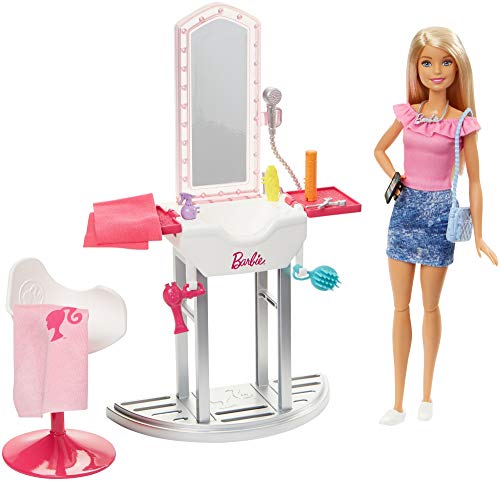 Barbie Quiero Ser peluquera, muñeca rubia con accesorios y su salón de belleza (Mattel FJB36)