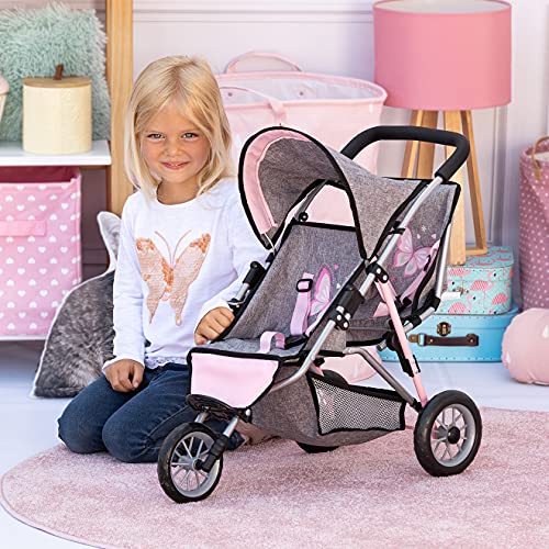 Bayer Design 39133AA Cochecito gemelar para muñecas, Duo, Carrito para muñecos Doble, Plegable, Gris, Rosa