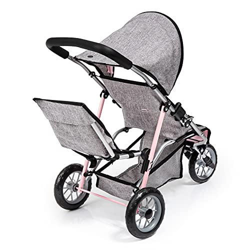 Bayer Design 39133AA Cochecito gemelar para muñecas, Duo, Carrito para muñecos Doble, Plegable, Gris, Rosa