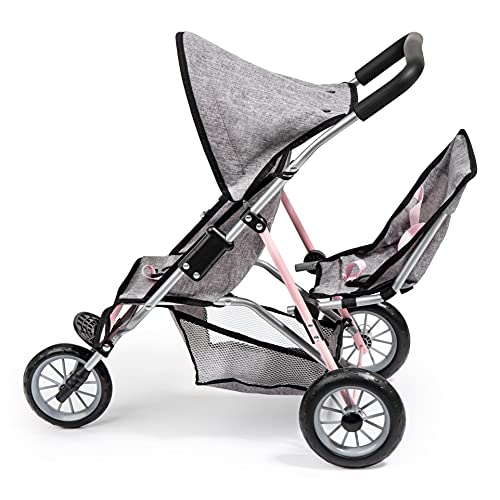 Bayer Design 39133AA Cochecito gemelar para muñecas, Duo, Carrito para muñecos Doble, Plegable, Gris, Rosa