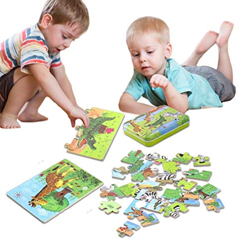 BBLIKE Jigsaw Wooden Puzzles Toy in a Box for Kids, Pack of 4 with Varying Degree of Difficulty Educational Learning Tool Best Birthday Present for Boys Girls (Cebra Jirafa Canguro)