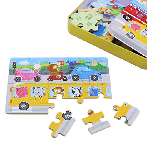 BBLIKE Jigsaw Wooden Puzzles Toy in a Box for Kids, Pack of 4 with Varying Degree of Difficulty Educational Learning Tool Best Birthday Present for Boys Girls (Serie Transporte)