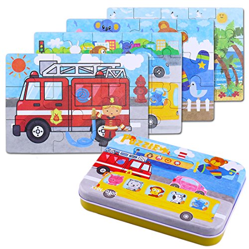 BBLIKE Jigsaw Wooden Puzzles Toy in a Box for Kids, Pack of 4 with Varying Degree of Difficulty Educational Learning Tool Best Birthday Present for Boys Girls (Serie Transporte)