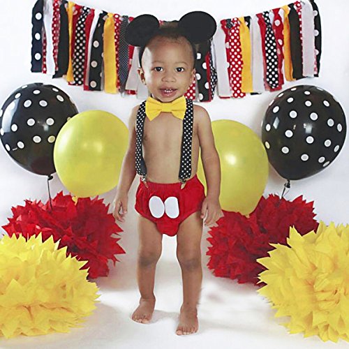 Bebé Niños Niñas Lindo Ratón 1er / 2do / 3er Cumpleaños 4 Piezas Traje los Niños del Algodón Calzoncillos + Tirantes + Pajarita + Diadema de Oreja Traje de Bebé Trajes Rojo 6-12 Meses