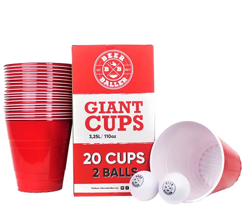 BeerBaller® Giant Cups – Die Beer Pong XXL Variante | Juego de beber 20 vasos rojos de cerveza XXL y 2 bolas blandas | vasos American Party de 3,25 l – 310 oz