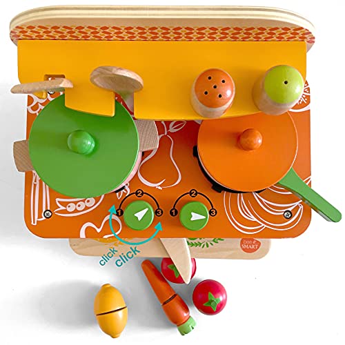 BeeSmart - Cocina de Juguete de Madera con Utensilios para Cocinar y Accesorios, Portátil. 11 Piezas que Incluyen Utensilios, Ollas con Tapas, Reloj Ajustable y Condimentos