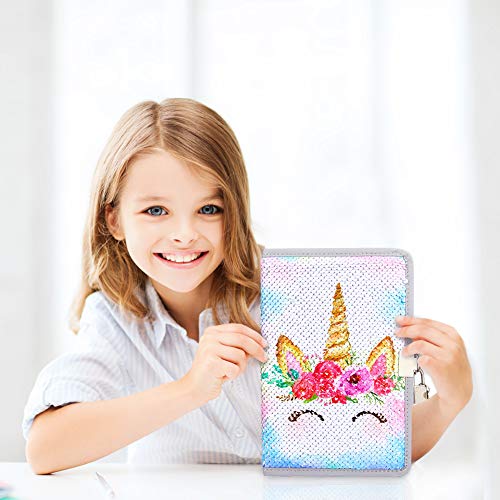 Beinou - Cuaderno de lentejuelas con candado y llaves, mágico, reversible, con lentejuelas, para viajes, diarios, cuadernos, para niños, color Lächelndes Einhorn mit Verschluss und Schlüsseln