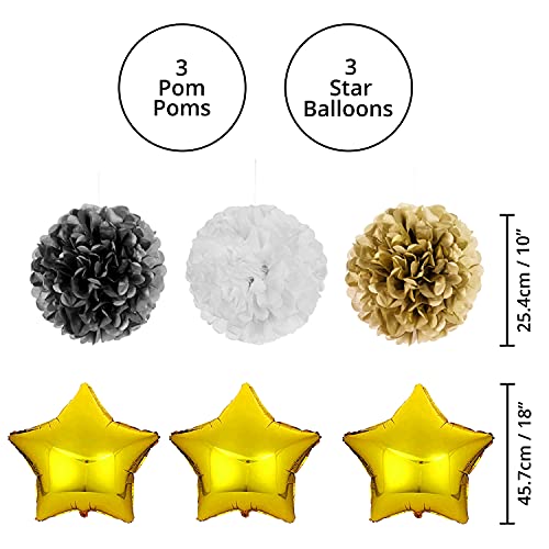 BELLE VOUS Decoración Cumpleaños # 18 Globos Aluminio Número y Estrella – Pancarta Reusable Happy Birthday Negro y Dorado – Globos Cumpleaños de Látex Negro, Blanco y Dorado - Pompones para Decorar