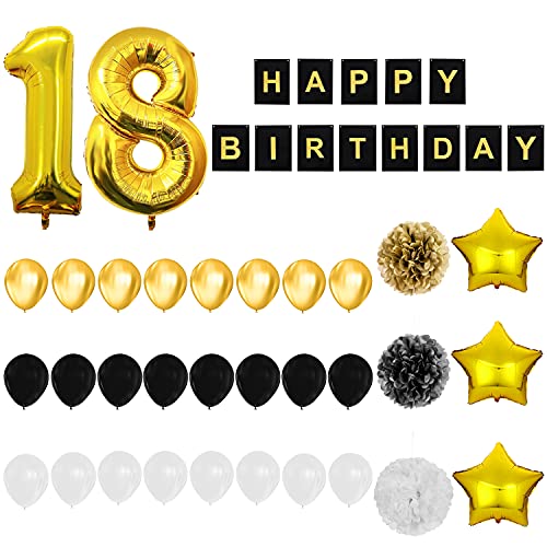 BELLE VOUS Decoración Cumpleaños # 18 Globos Aluminio Número y Estrella – Pancarta Reusable Happy Birthday Negro y Dorado – Globos Cumpleaños de Látex Negro, Blanco y Dorado - Pompones para Decorar