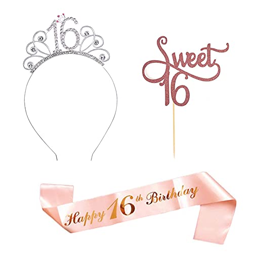 Belvanr 16 Años de cumpleaños para mujer Toppers de Tarta de Cumpleaños 16 Diadema Tiara Corona de Cumpleaños para 16 Cumpleaños para niña 16 Años cumpleaños Fiesta de Decoración Accesorios Regalo