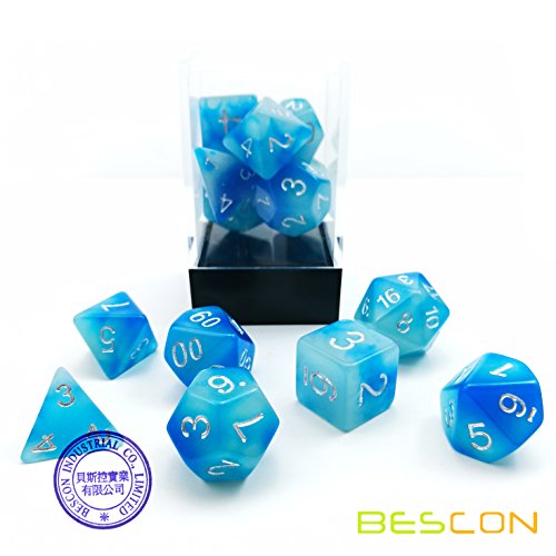 Bescon Gemini, Juego de 7 Dados Poliédricos Brillantes, en Formas de Piedras Congeladas, D4 D6 D8 D10 D12 D20 D%, Caja de Embalaje de Ladrillo