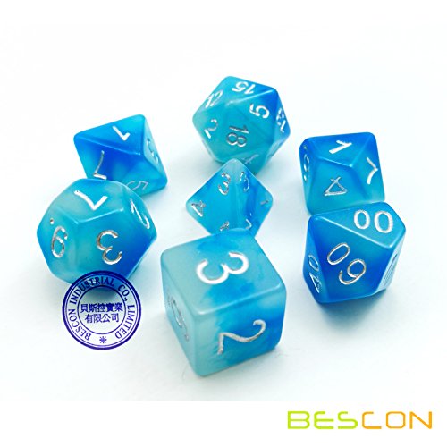 Bescon Gemini, Juego de 7 Dados Poliédricos Brillantes, en Formas de Piedras Congeladas, D4 D6 D8 D10 D12 D20 D%, Caja de Embalaje de Ladrillo