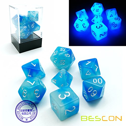 Bescon Gemini, Juego de 7 Dados Poliédricos Brillantes, en Formas de Piedras Congeladas, D4 D6 D8 D10 D12 D20 D%, Caja de Embalaje de Ladrillo