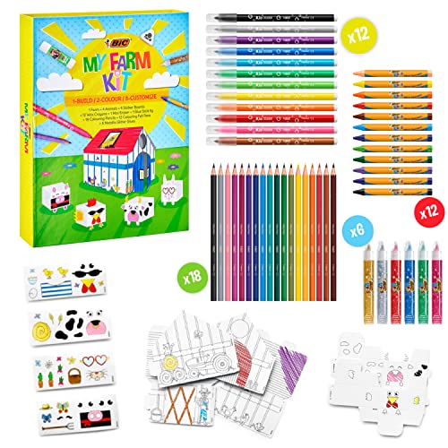 BIC 997918 Kids My Farm Colouring Kit - Rotuladores, Ceras, Lápices de Colores, Goma, Barra de Pegamento, Pegamento con Purpurina, Adhesivos, Animales y Establo de Papel - Caja de regalo con 50 Uds.