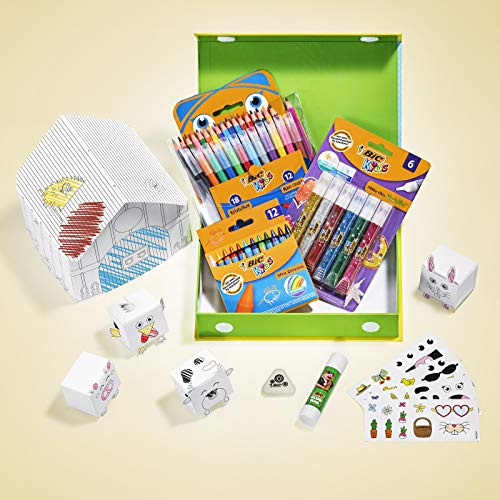 BIC 997918 Kids My Farm Colouring Kit - Rotuladores, Ceras, Lápices de Colores, Goma, Barra de Pegamento, Pegamento con Purpurina, Adhesivos, Animales y Establo de Papel - Caja de regalo con 50 Uds.