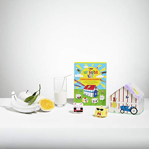 BIC 997918 Kids My Farm Colouring Kit - Rotuladores, Ceras, Lápices de Colores, Goma, Barra de Pegamento, Pegamento con Purpurina, Adhesivos, Animales y Establo de Papel - Caja de regalo con 50 Uds.